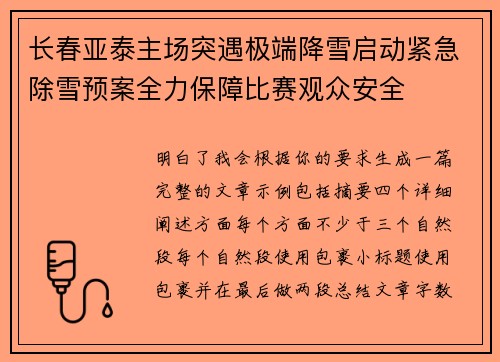 长春亚泰主场突遇极端降雪启动紧急除雪预案全力保障比赛观众安全